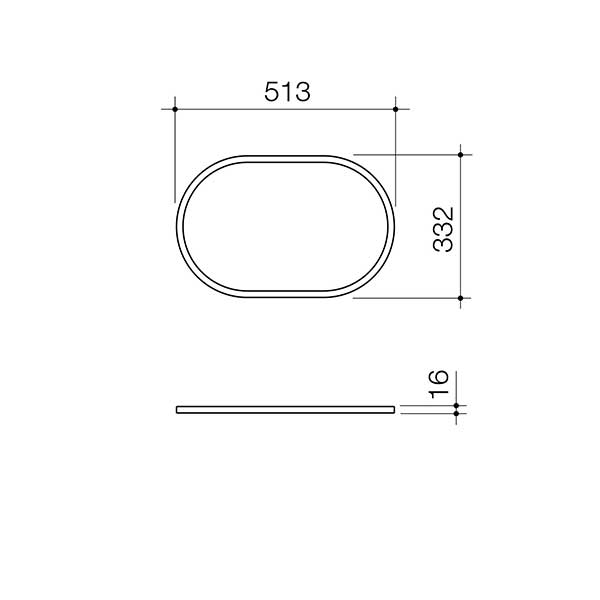 Caroma Liano II pill inset basin technical drawing, oval matte white basin with 513 x 332mm dimensions and 16mm profile