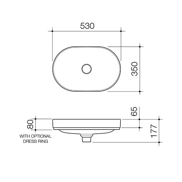 Caroma Liano II 530mm pill inset basin technical drawing in white, showing top and side views with dimensions and thin rim.