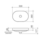 Caroma Liano II 530mm pill inset basin technical drawing, oval white basin with 0 tap holes and 65mm profile, top and side view