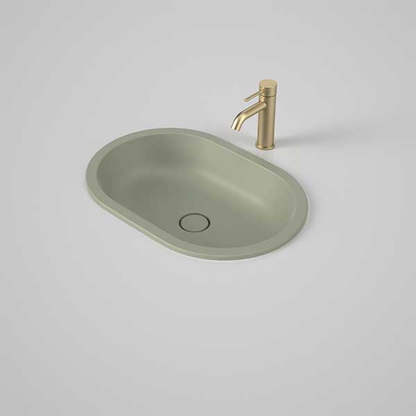 Caroma Liano II matte green oval under/over counter basin with matching waste and gold tap shown in top view