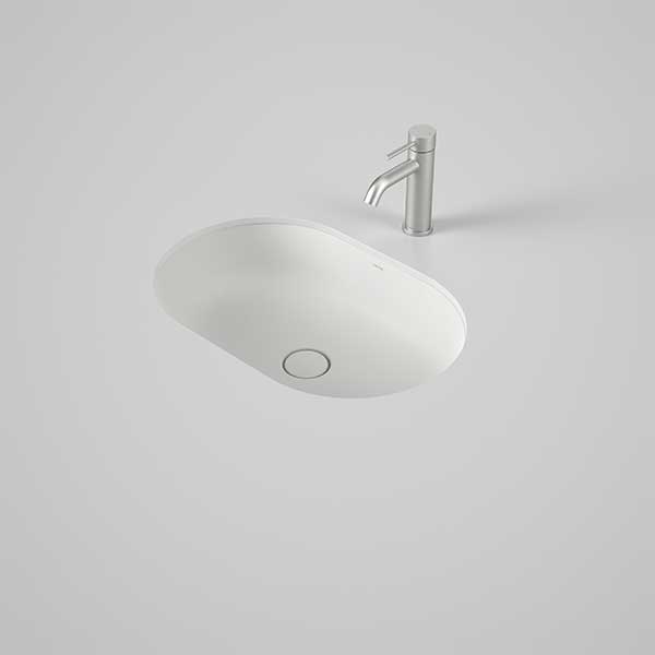 Caroma Liano II oval matte white basin with tap, shown in a clean lifestyle setting