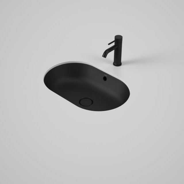 Caroma Liano II oval under counter basin in matte black with overflow and black tapware
