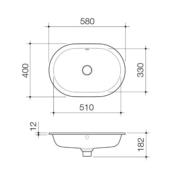 Caroma Liano II 580mm pill basin technical drawing with dimensions, oval under/over counter sink with overflow