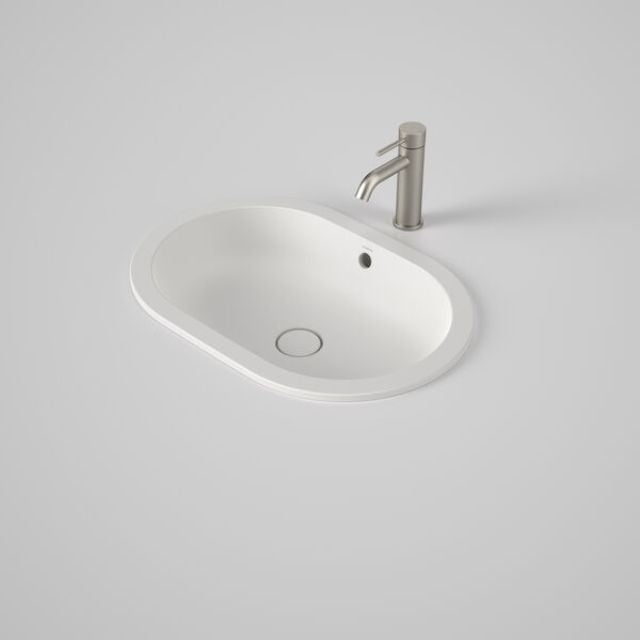 Caroma Liano II oval matte white under counter basin with overflow and chrome waste hole