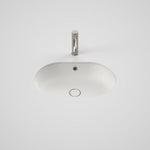Caroma Liano II matte white oval basin with overflow and tap hole, top view on white background