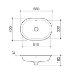 Caroma Liano II oval pill basin technical drawing, 580mm x 400mm, matte white, with overflow, top and side view dimensions