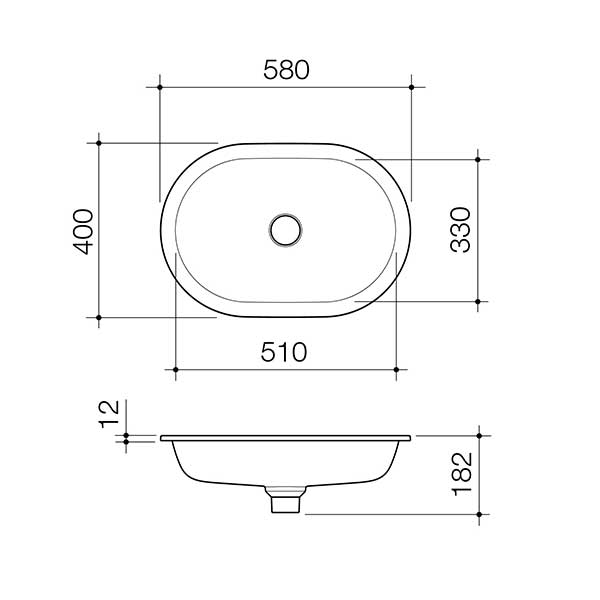 Caroma Liano II white oval basin technical drawing, showing 580mm length and 330mm width with under/over counter profile and waste opening