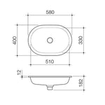 Caroma Liano II oval under/over counter basin technical drawing, 580mm x 330mm, matte green, with dimensions shown