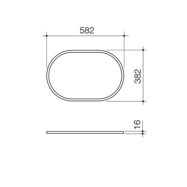Caroma Liano II oval inset basin technical drawing, 582 x 382mm, with slim 16mm profile