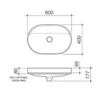 Caroma Liano II pill inset basin technical drawing, 600 x 400mm, oval with 0 tap holes and optional dress ring