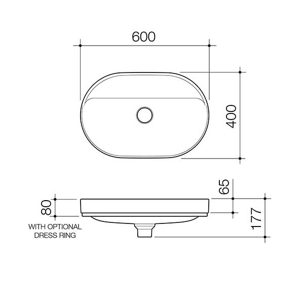 Caroma Liano II pill inset basin technical drawing, 600 x 400mm, oval with 0 tap holes and optional dress ring