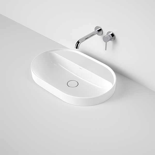 Caroma Liano II white oval inset basin with tap landing, shown with wall-mounted tapware and no tap hole