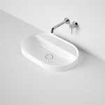 Caroma Liano II white oval inset basin with tap landing, shown with wall-mounted tapware and no tap hole