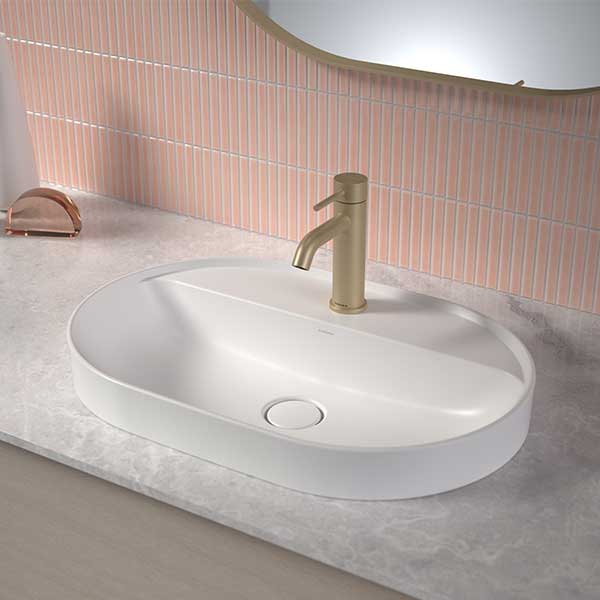 Caroma Liano II white oval inset basin with tap landing and single tap hole on a bathroom vanity top