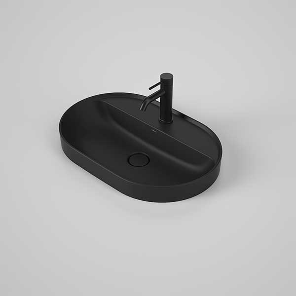Caroma Liano II matte black pill inset basin with tap landing and single tap hole, oval ceramic bathroom basin
