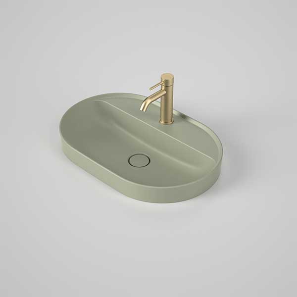 Caroma Liano II pill inset basin in matte green with tap landing, oval shape and single tap hole
