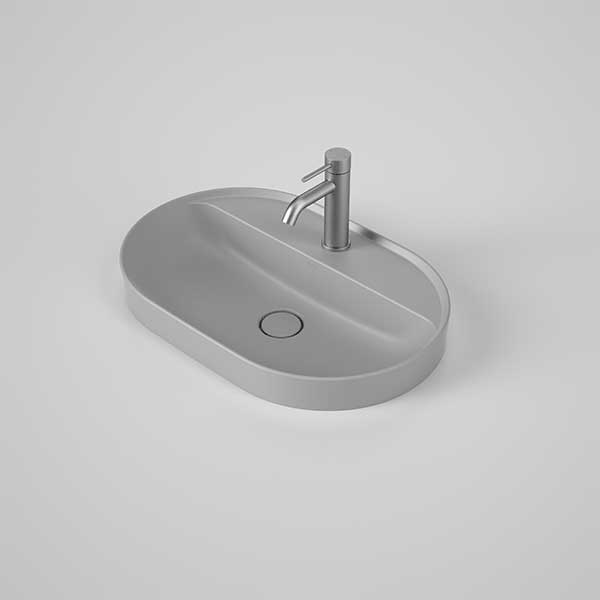 Caroma Liano II matte grey oval inset bathroom basin with tap landing and single tap hole, shown in perspective view