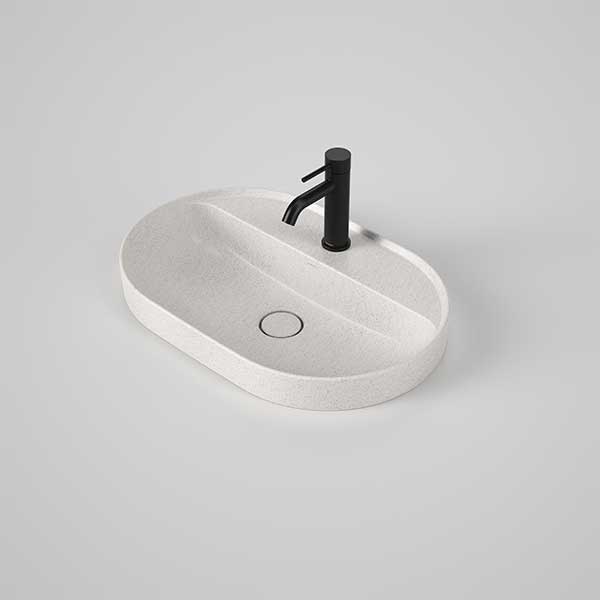 Caroma Liano II oval inset basin in matte speckled, with tap landing and one tap hole, shown with black mixer tap.