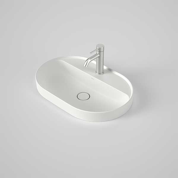 Caroma Liano II white oval inset basin with tap landing and 1 tap hole, shown in angled view