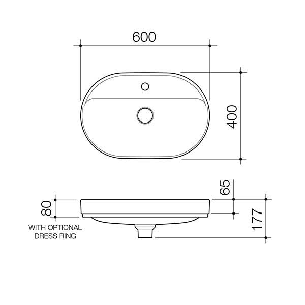 Caroma Liano II 600mm pill inset basin technical drawing, white oval basin with one tap hole and tap landing, dimensions shown