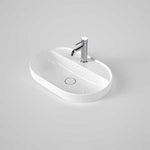 Caroma Liano II white oval inset basin with tap landing and one tap hole, shown with mixer tap