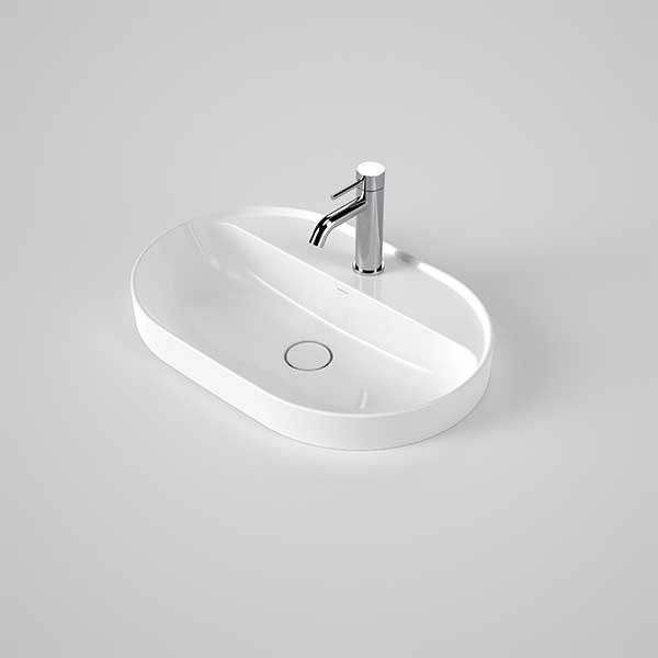 Caroma Liano II white oval inset basin with tap landing and one tap hole, shown with mixer tap
