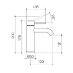 Caroma Liano II basin mixer technical drawing in gunmetal, showing side view with dimensions and 25° lever angle
