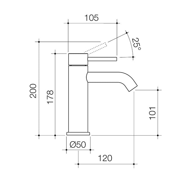 Caroma Liano II basin mixer technical drawing in gunmetal, showing side view with dimensions and 25° lever angle