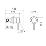 Caroma Liano II bath/shower mixer technical drawing in brushed brass, showing front and side dimensions and wall-mounted profile