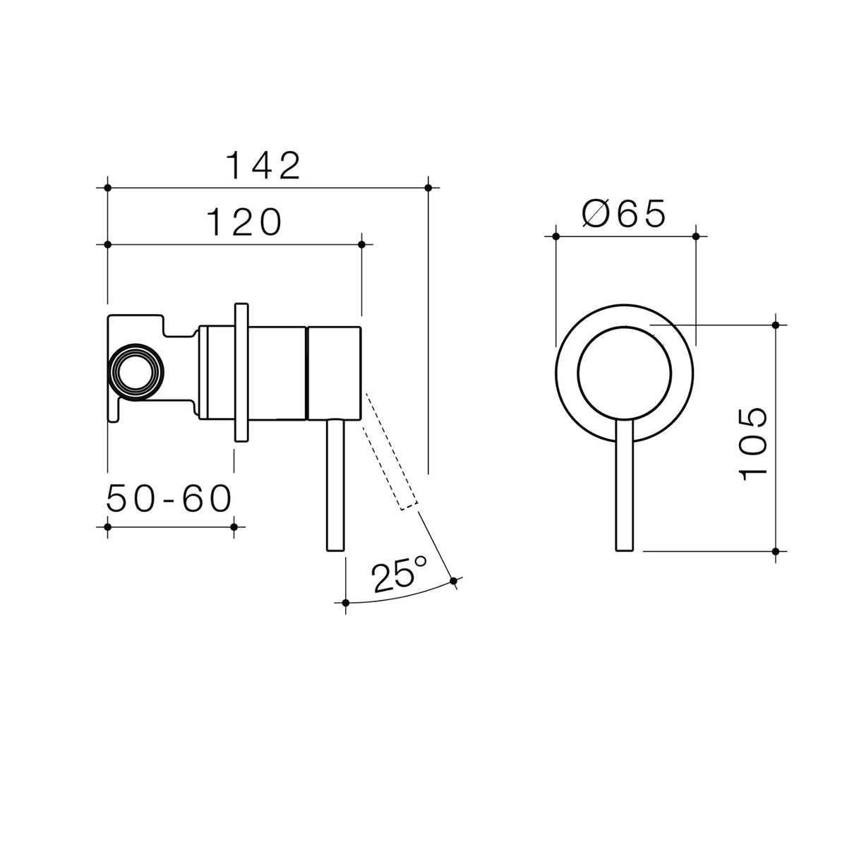 Caroma Liano II bath/shower mixer technical drawing in brushed brass, showing front and side dimensions and wall-mounted profile
