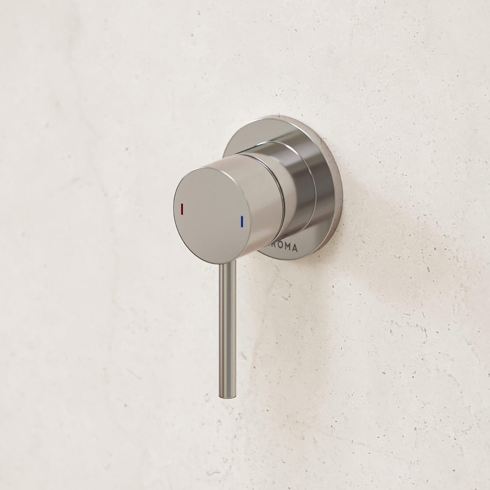 Caroma Liano II chrome wall-mounted bath/shower mixer with slim round handle on a white bathroom wall