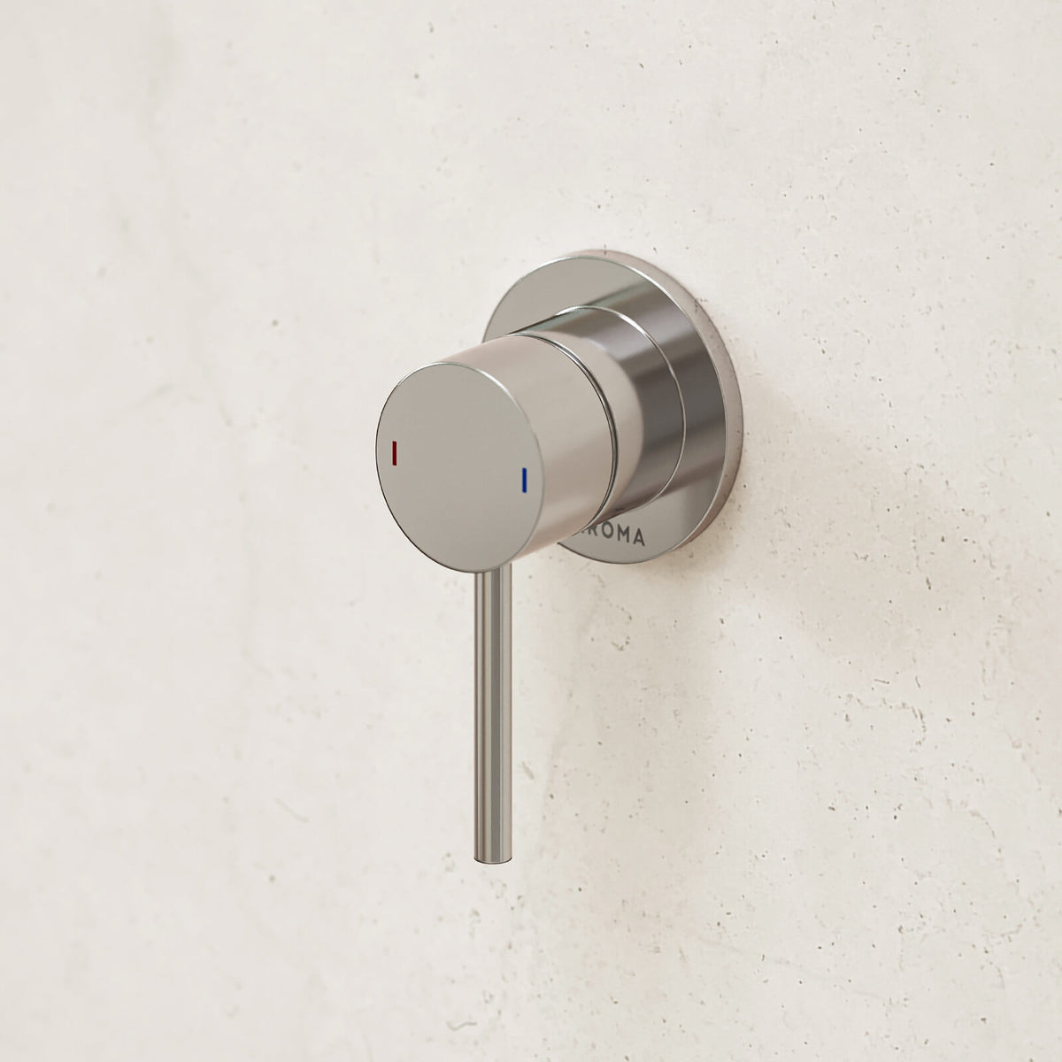 Caroma Liano II chrome wall-mounted bath/shower mixer with slim round handle on a white bathroom wall