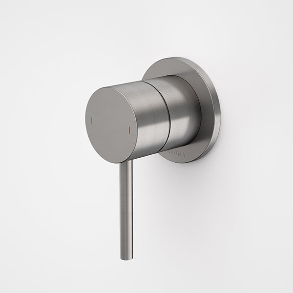 Caroma Liano II wall-mounted bath/shower mixer in gunmetal, round single-lever tap with slim handle