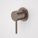 Caroma Liano II round bath/shower mixer with cover plate in brushed bronze, wall-mounted tap with lever handle