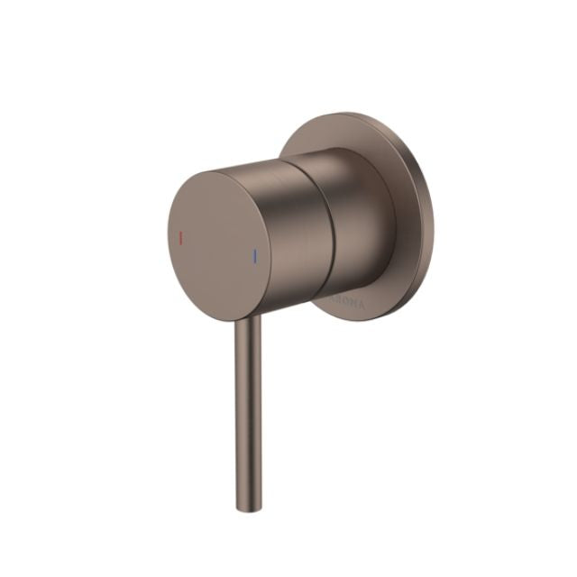 Caroma Liano II wall-mounted bath/shower mixer in brushed bronze with round cover plate and lever handle