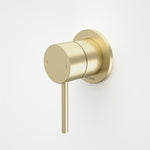 Caroma Liano II wall-mounted bath/shower mixer in brushed brass, round single lever tap with slim handle