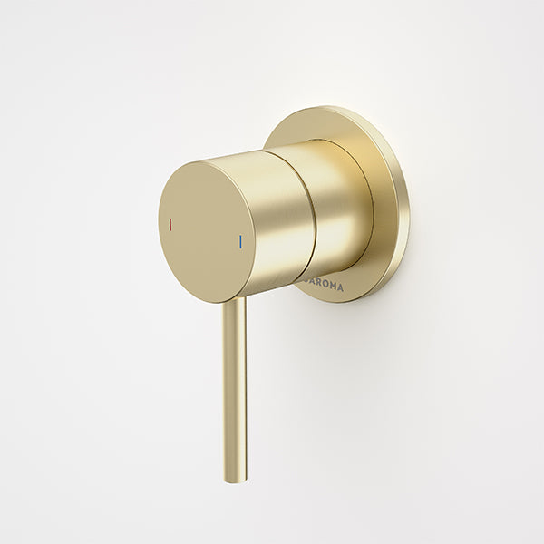 Caroma Liano II wall-mounted bath/shower mixer in brushed brass, round single lever tap with slim handle