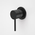 Caroma Liano II matte black wall-mounted bath/shower mixer with round plate and slim lever handle