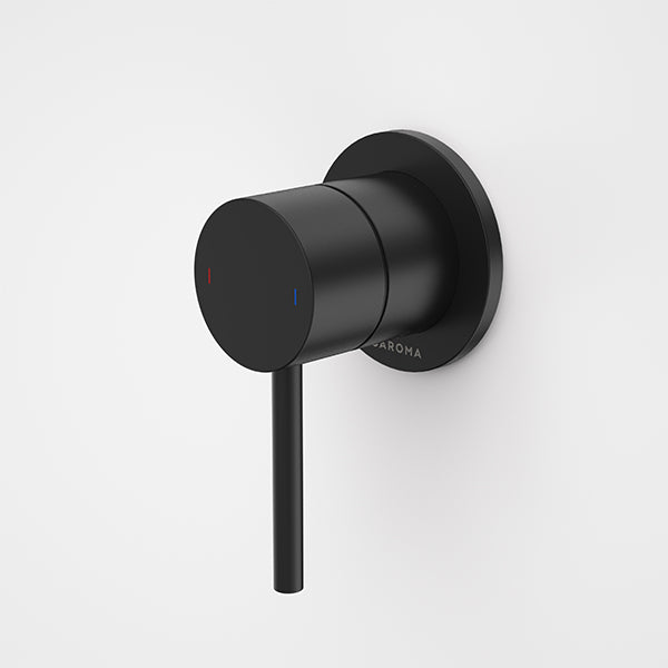 Caroma Liano II matte black wall-mounted bath/shower mixer with round plate and slim lever handle