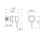 Caroma Liano II bath/shower mixer technical drawing in gunmetal, showing side and front views with dimensions