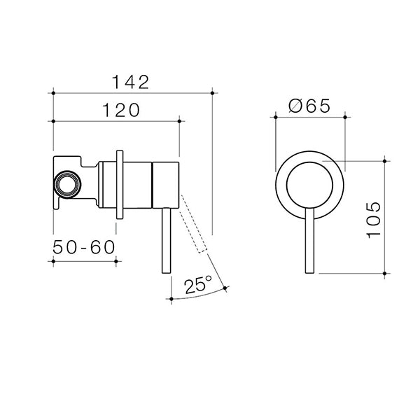 Caroma Liano II wall-mounted bath/shower mixer technical drawing in matte black with measurements shown