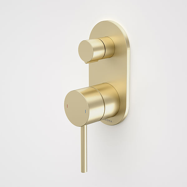 Caroma Liano II brushed brass bath/shower mixer with diverter, wall-mounted round mixer plate and lever handle