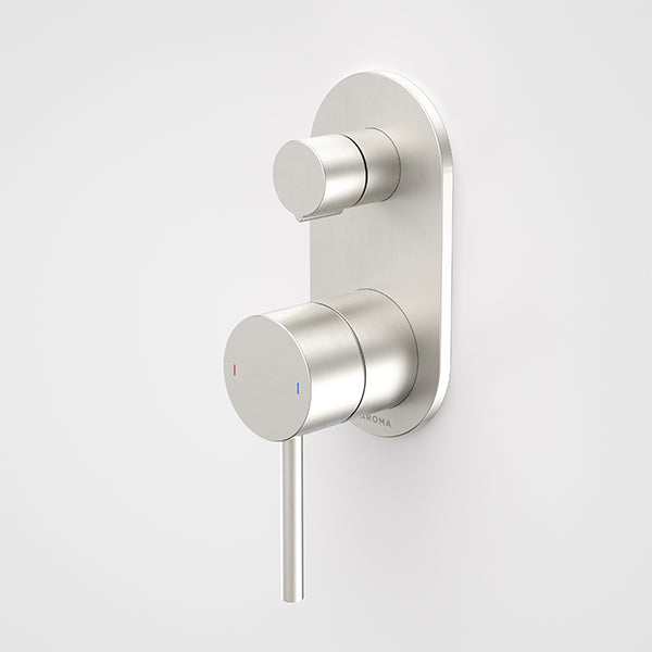 Caroma Liano II wall-mounted bath/shower mixer with diverter in brushed nickel, shown on a white background