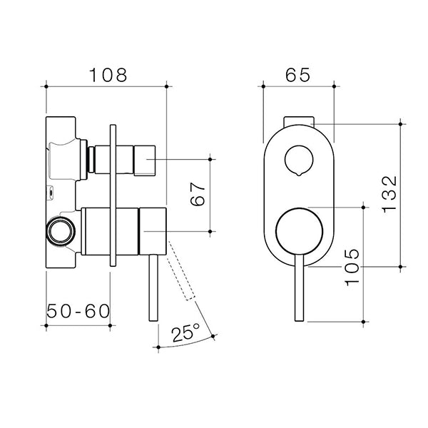 Caroma Liano II chrome bath/shower mixer with diverter technical drawing, showing wall-mounted dimensions and handle angles
