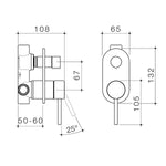 Caroma Liano II matte black bath/shower mixer with diverter, technical drawing showing wall-mounted round trim and dimensions