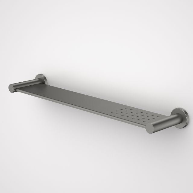 Caroma Liano II bathroom shelf in gunmetal, wall-mounted stainless steel shelf with round brackets on a white background