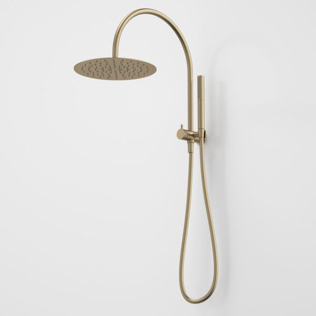 Caroma Liano II twin shower in brushed brass, with overhead rain shower and hand shower on wall-mounted rail