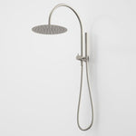 Caroma Liano II compact twin shower in brushed nickel with overhead rain shower and hand shower on wall mount