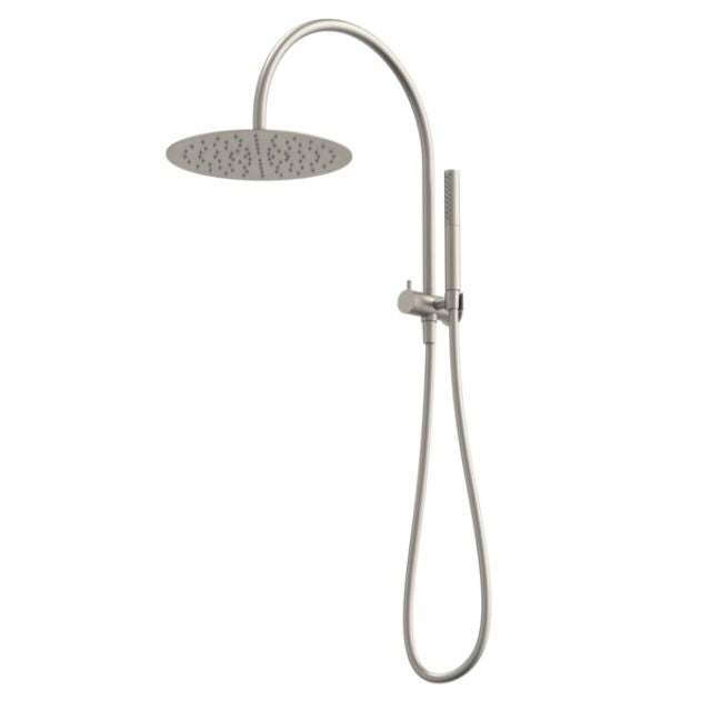 Caroma Liano II twin shower in brushed nickel with overhead rain shower, hand shower and wall-mounted hose