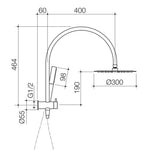 Caroma Liano II Compact Twin Shower technical drawing in brushed nickel, showing overhead rain shower and hand shower dimensions